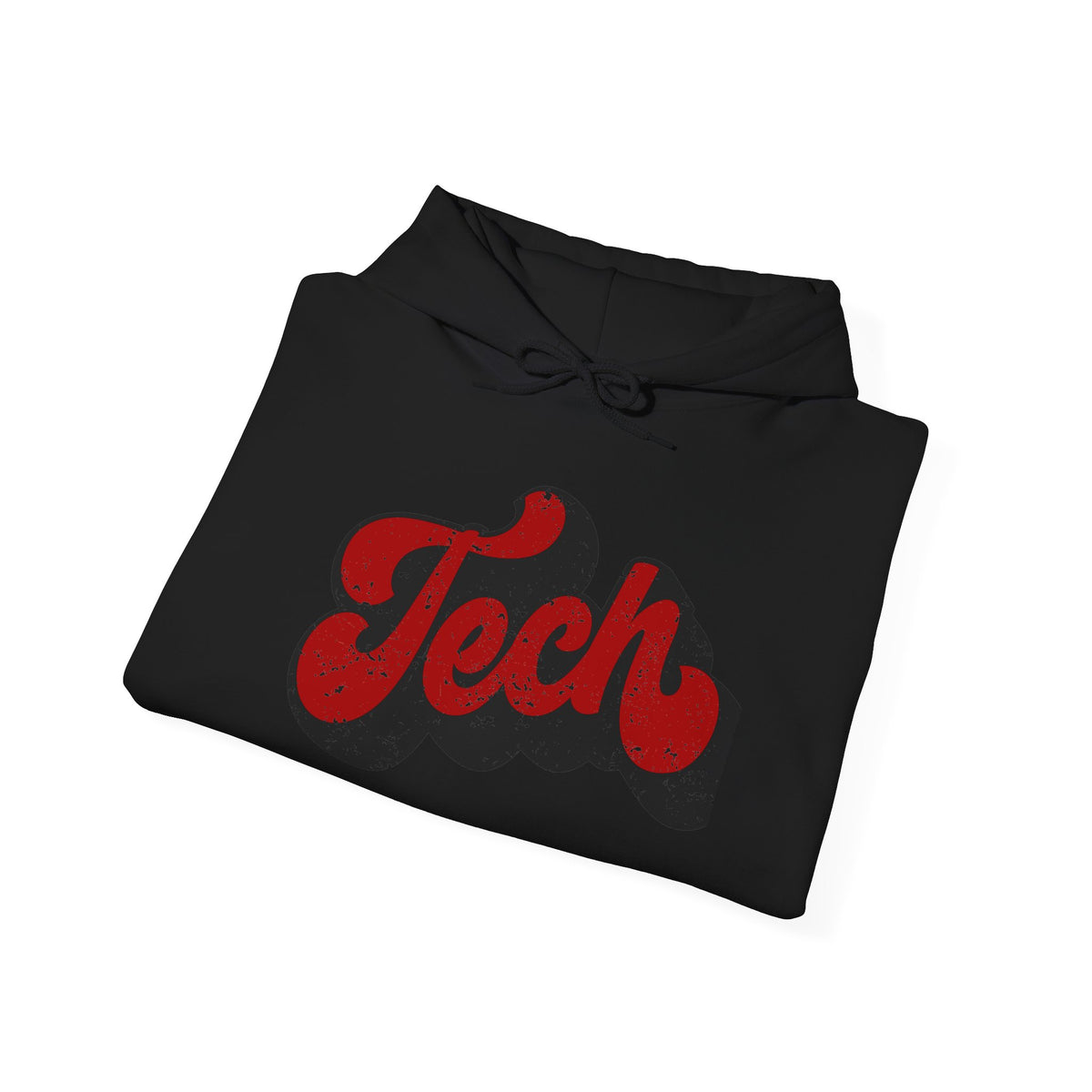 Tech Script Hoodie — Retro Red Distressed Graphic Sweatshirt