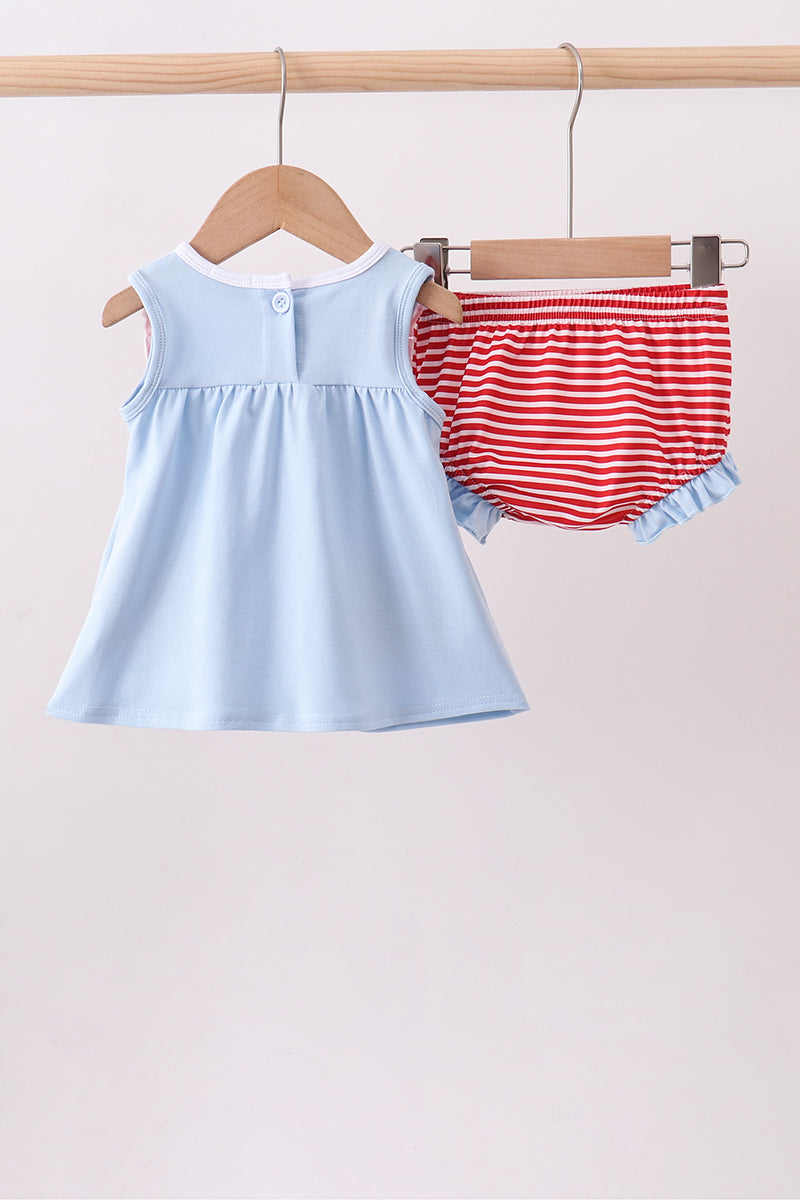 Blue God Bless America Flag- french knot ruffle bloomer set