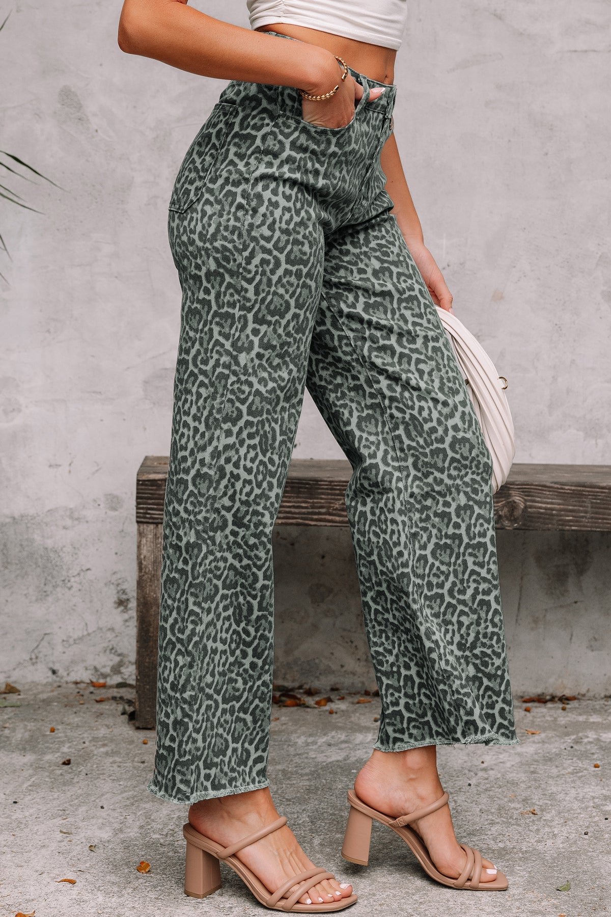 Leopard Frayed Edge Wide Leg High Waist Jeans