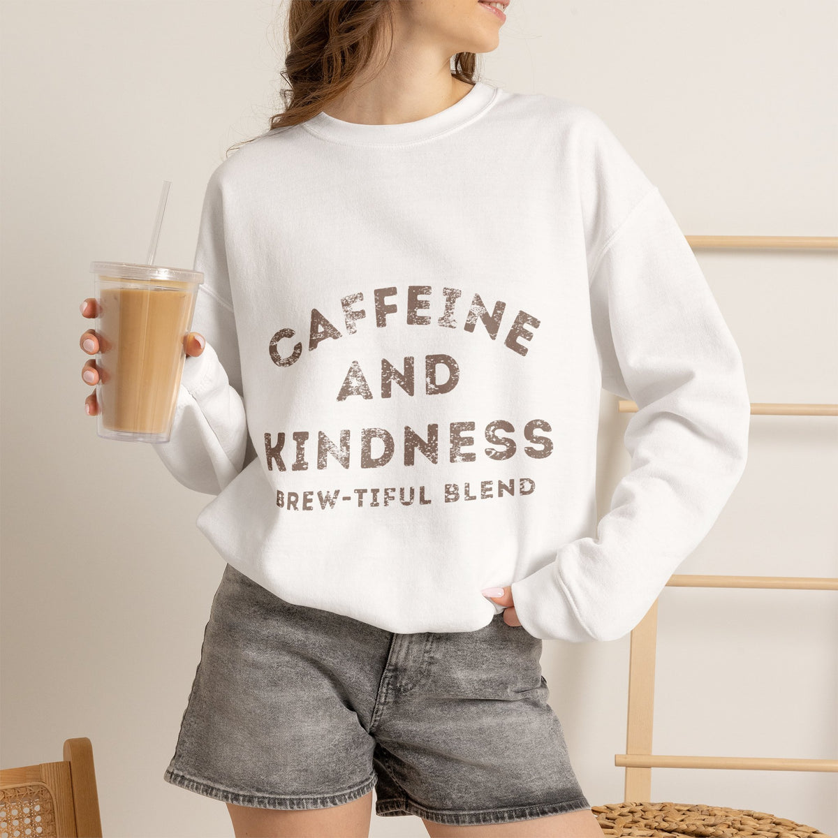 Caffeine and Kindness Crewneck Sweatshirt – Brew-tiful Blend Coffee Quote