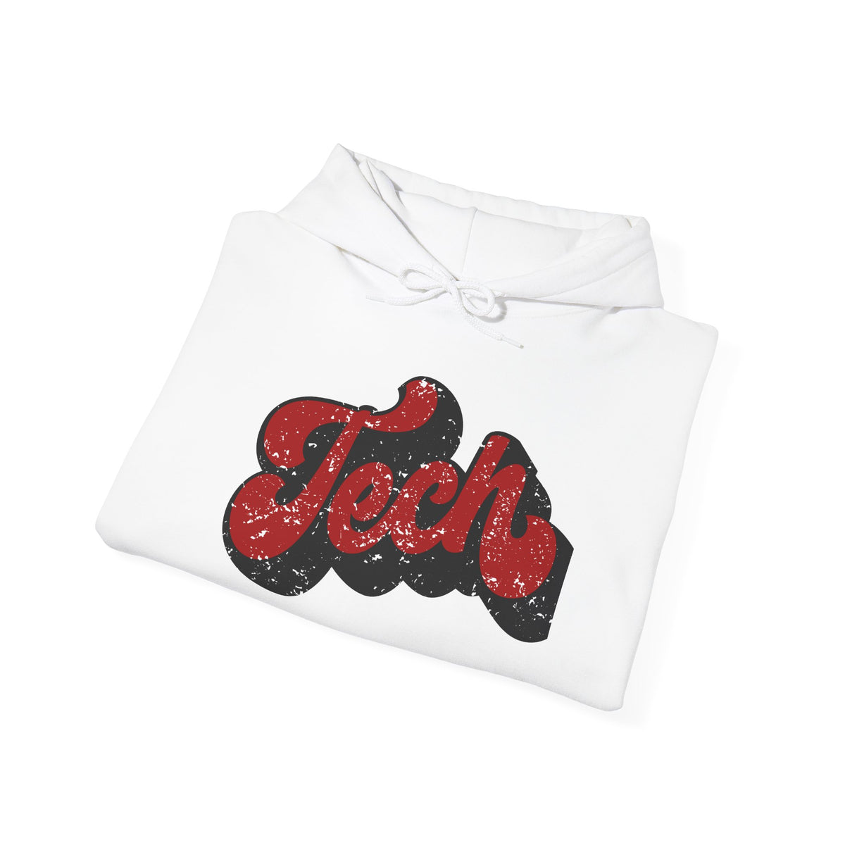 Tech Script Hoodie — Retro Red Distressed Graphic Sweatshirt