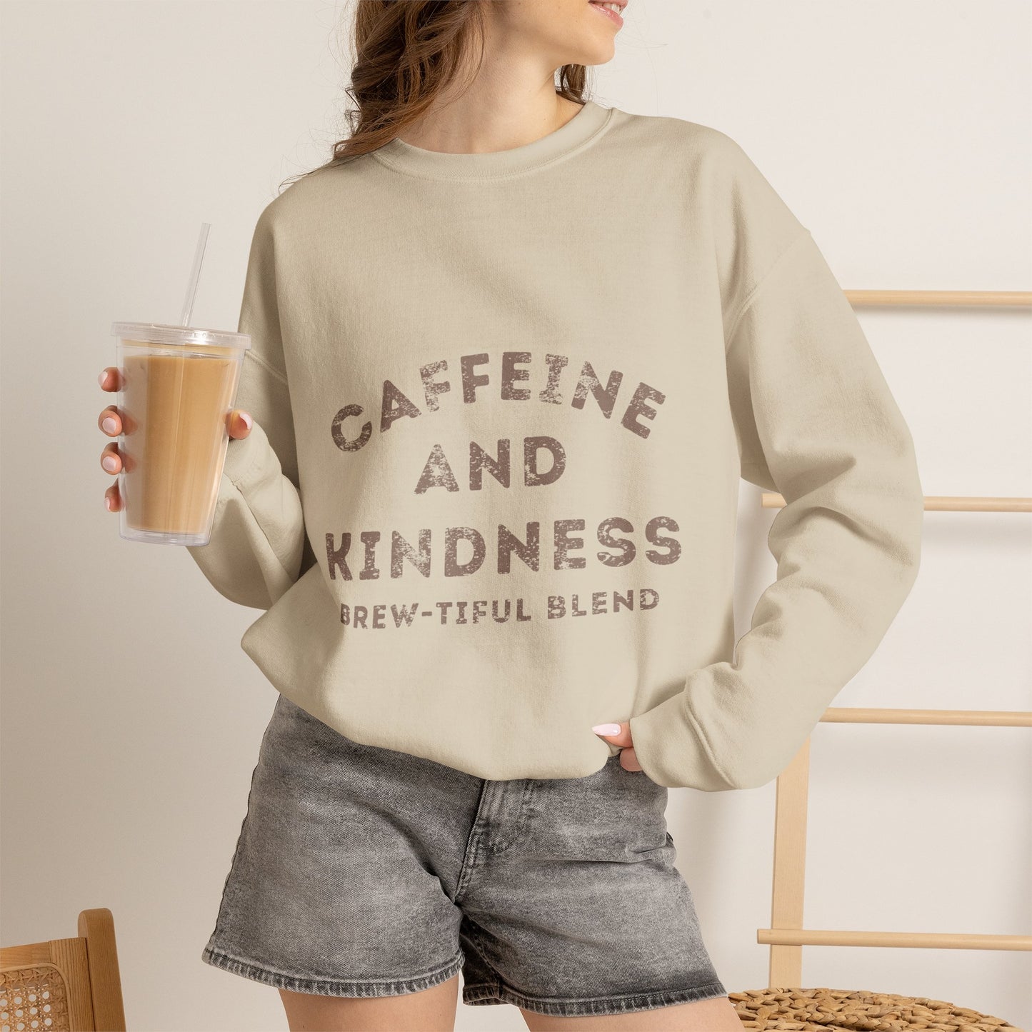 Caffeine and Kindness Crewneck Sweatshirt – Brew-tiful Blend Coffee Quote