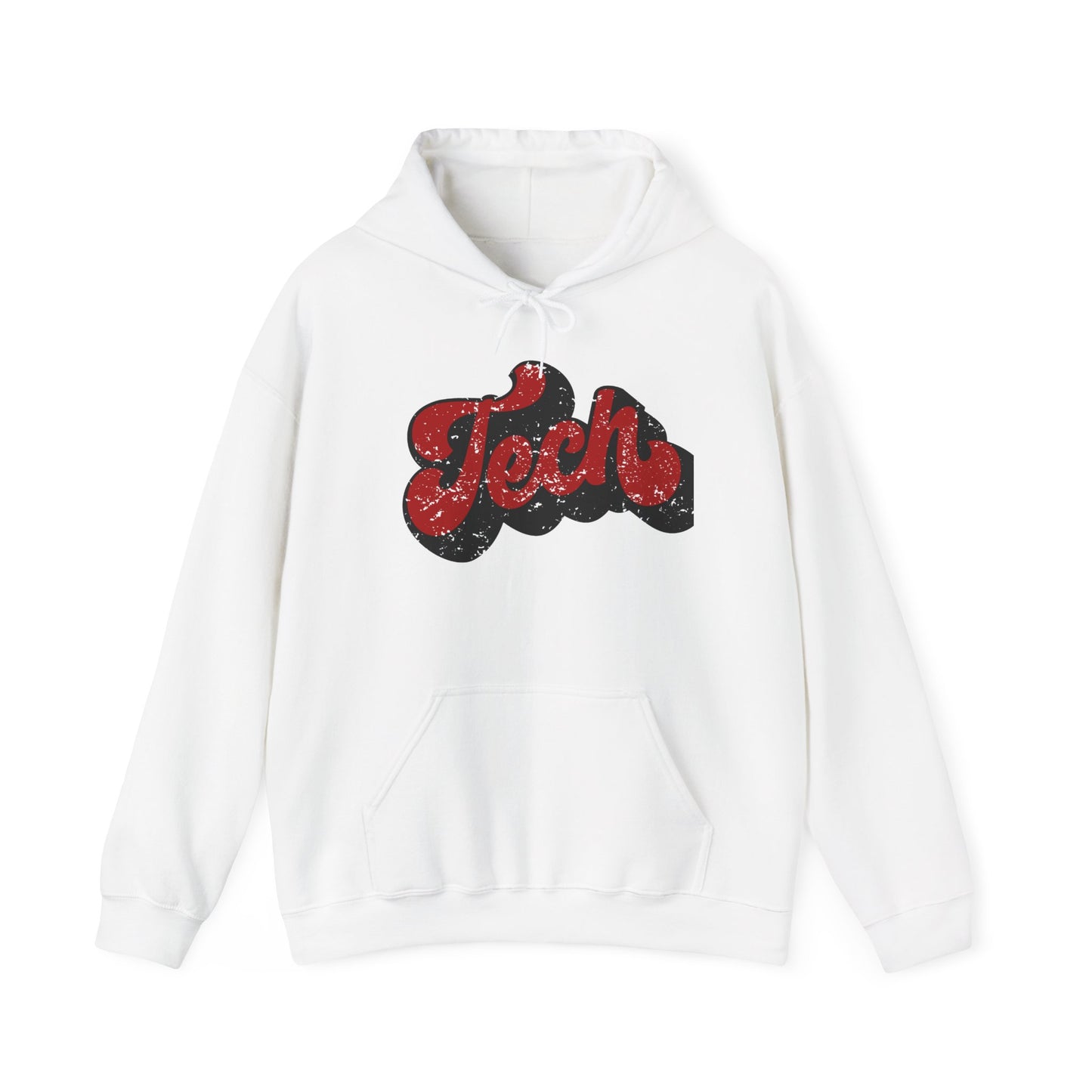 Tech Script Hoodie — Retro Red Distressed Graphic Sweatshirt