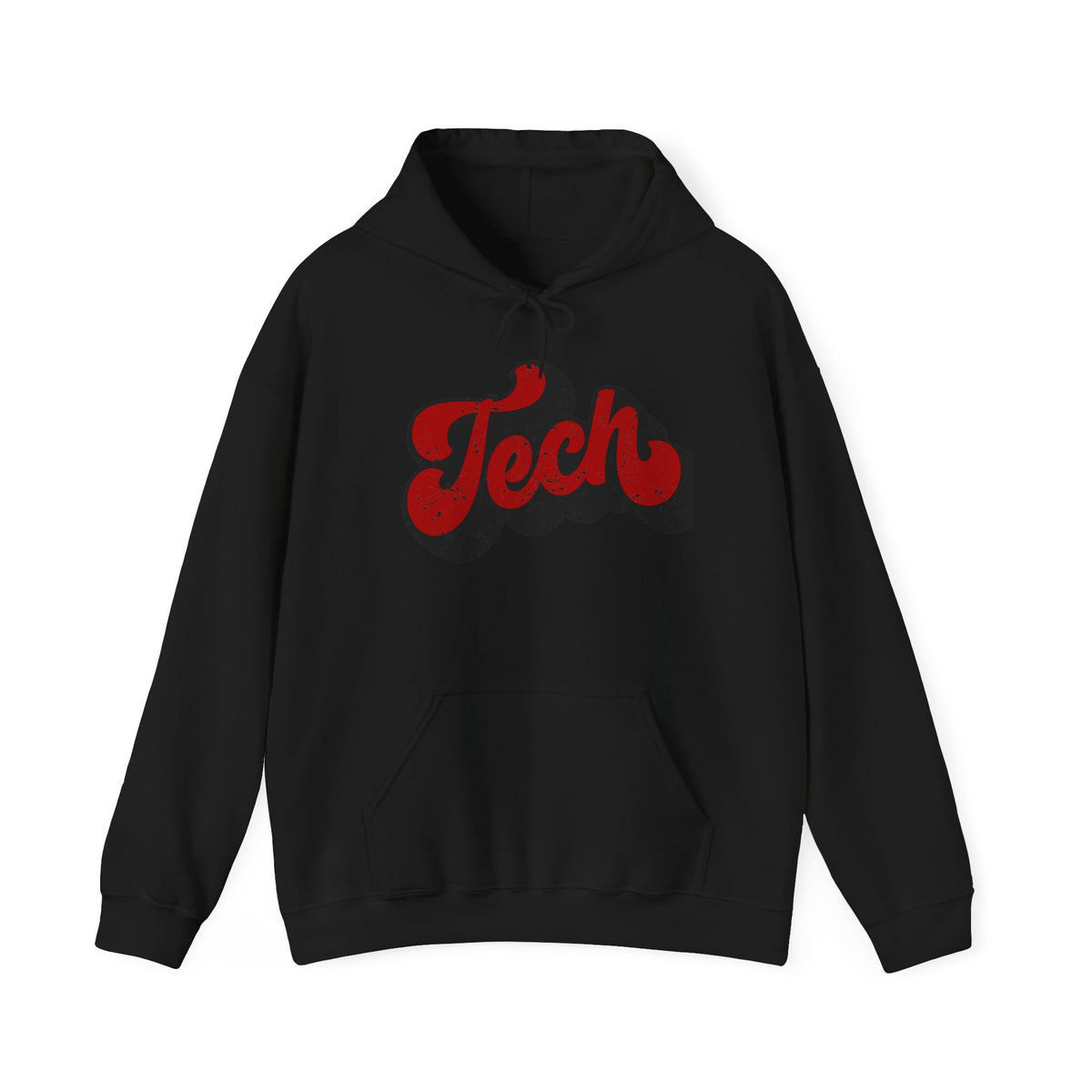 Tech Script Hoodie — Retro Red Distressed Graphic Sweatshirt