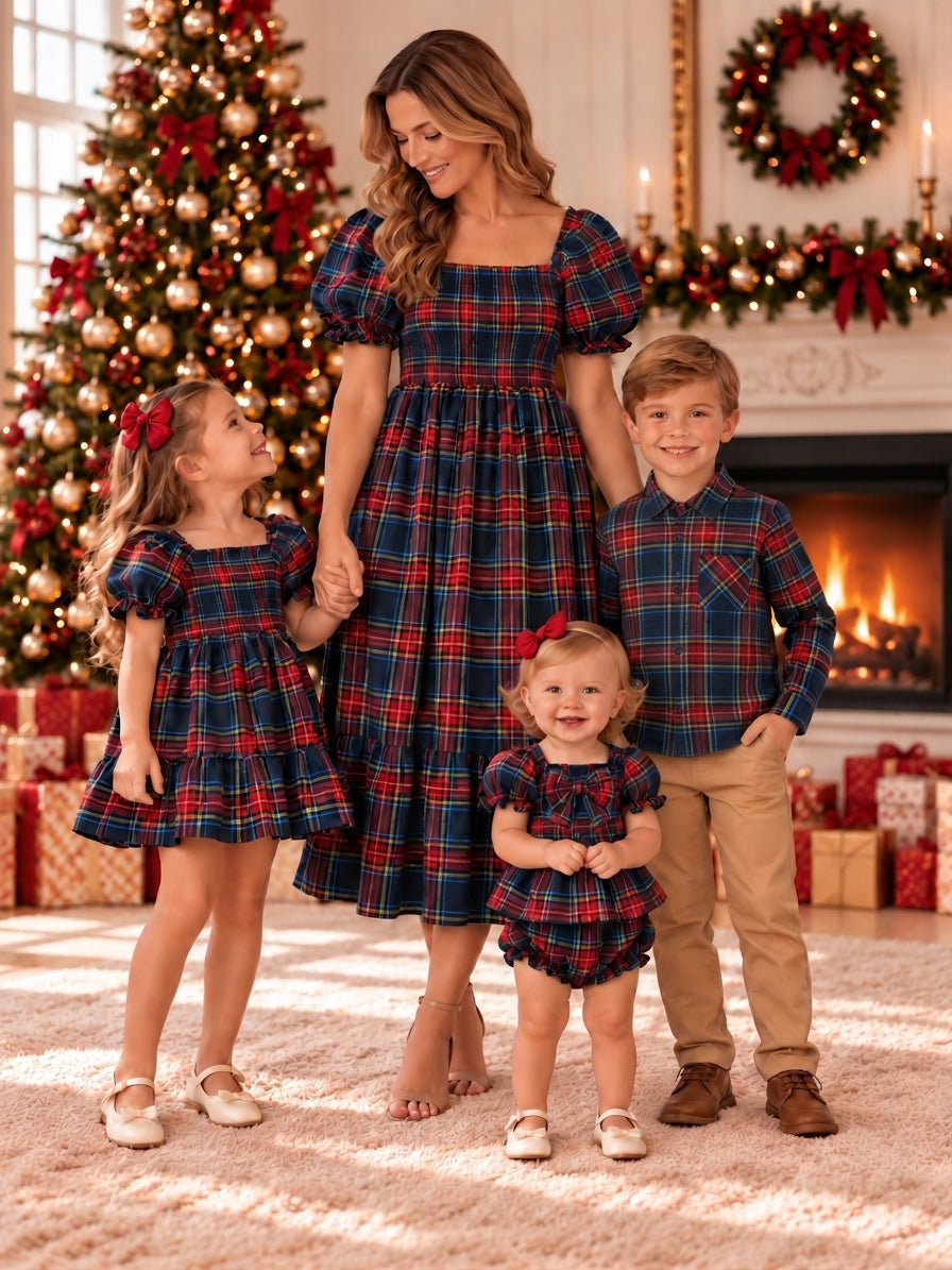 Christmas Boys Red Navy Plaid Button Down Shirt