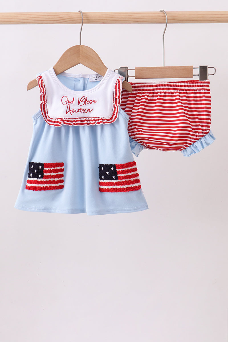 Blue God  Bless America Flag- french knot ruffle bloomer set