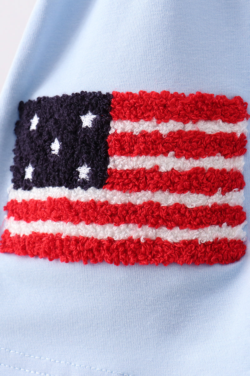 Blue God  Bless America Flag- french knot ruffle bloomer set