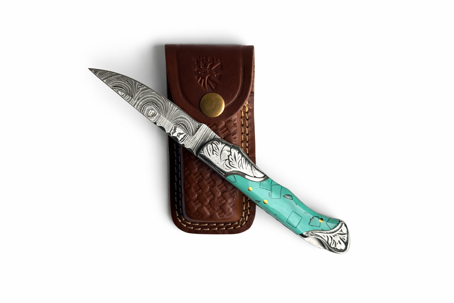 Titan Turquoise Crest Damascus Folding Knife