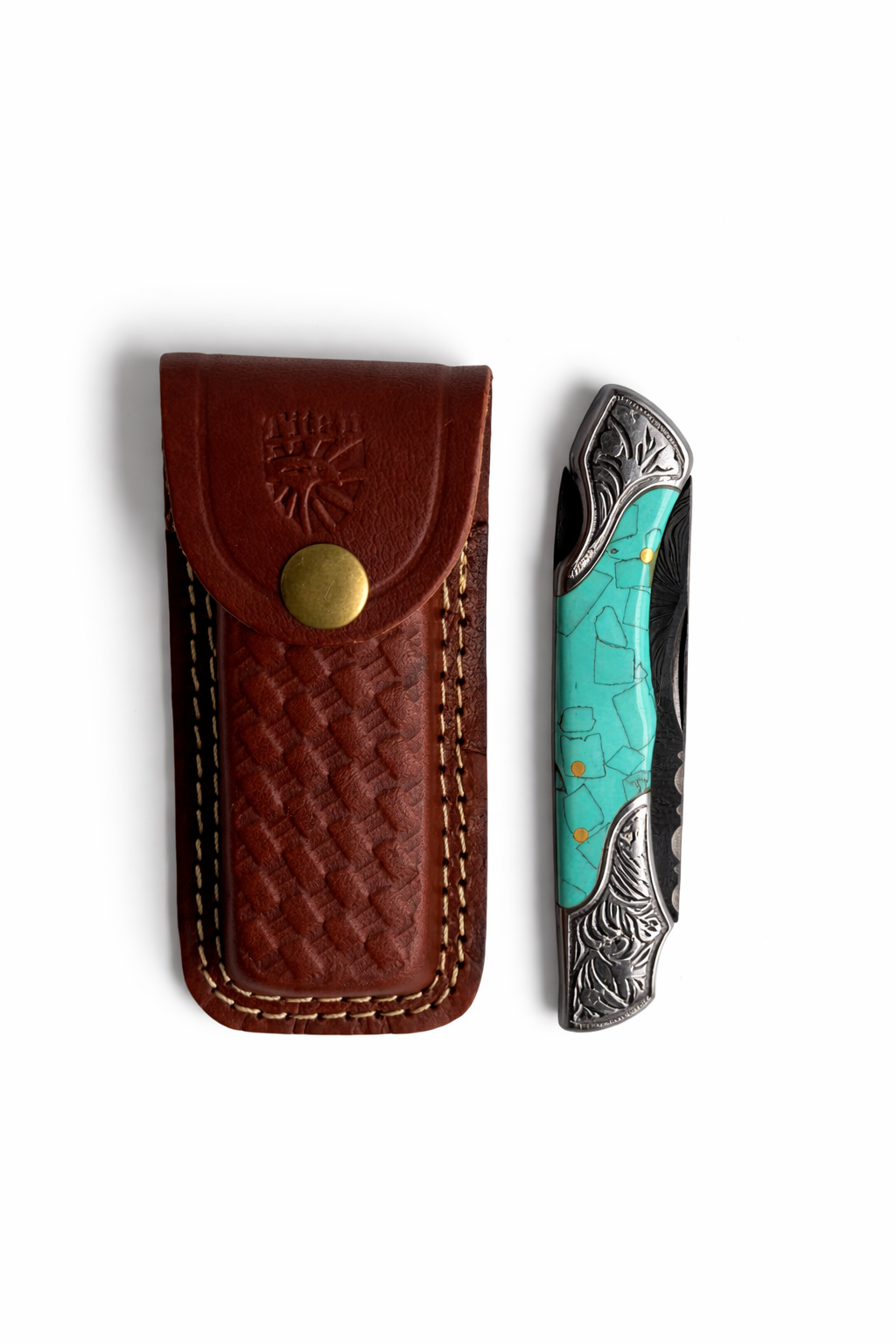 Titan Turquoise Crest Damascus Folding Knife